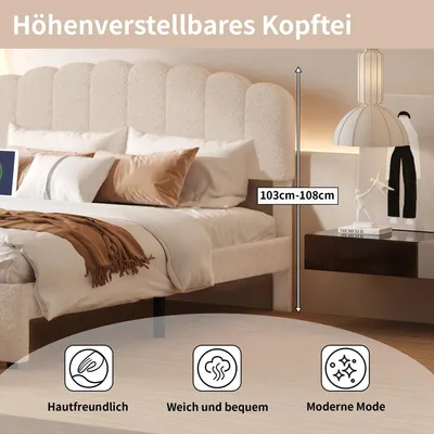 Produktbild von Doppelbett - Bettgestell mit Samtkopfteil - 160×200 cm - Metallrahmen - Lattenrost aus Holz - Mit Stauraum - Ohne Matratze - Beige