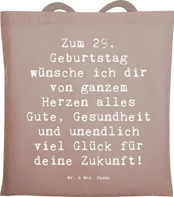 Produktbild von Mr. & Mrs. Panda Tote Bag Spruch 29. Geburtstag Wünsche - Braun Pastell - Geschenk, Shopping Tasche, unendlich viel Glück, Uni, Zukunft, Laptoptasche, Jutebeutel