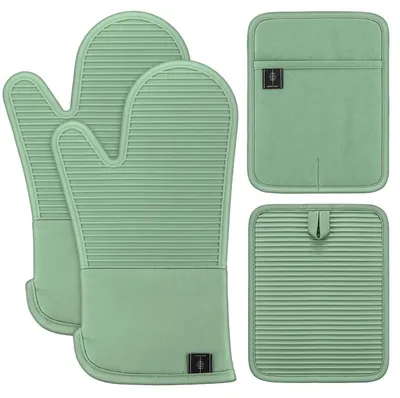 Produktbild von Ofenhandschuhe Topflappen Set Silikon Grün 4-teilig Hitzebeständig bis 250°C