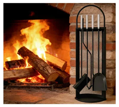 Produktbild von Kaminbesteck-Set mit Edelstahlgriffen, 5-teilig, 22 x 16 x 67 cm, Kaminzubehör, Schwarz