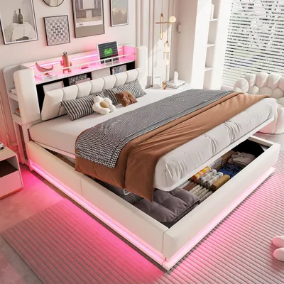 Obrázok produktu pre Postel s čalúneným rámom, rozmer 180 x 200 cm, s LED osvetlením, USB portami a zásuvkami, hydraulickým úložným priestorom a úložným priestorom v čelnej časti, kovový rošt, poťah z velúru, farba: béžová