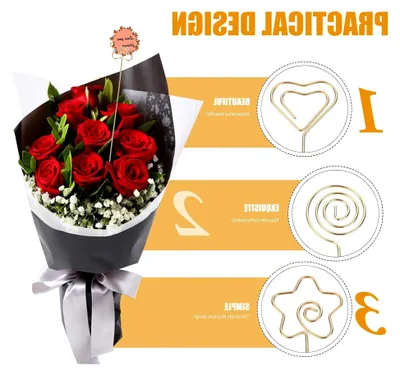 Produktbild von 30 Stück Stahl Kartenhalter Blumenstecker Selbstgemacht mit Zartem Blumenmuster für Valentinstag und Party Praktisches Metall in Gold