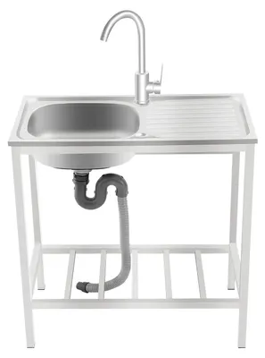 Produktbild von Gewerbe Spülbecken - Freistehende Küchenspüle - Einzelbecken 75x40x75 cm - Edelstahl poliert - Mit 360° Wasserhahn, Arbeitsplatte und Bodenablage - Silber