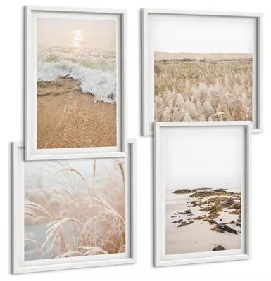 Produktbild von Bilder Set 4-teilig im weißen Rahmen – Wandbilder 4 Stück – gerahmte Poster für Wohnzimmer, Schlafzimmer und Flur – 50x50 cm - 40x60 cm – Strandwellen, Steine, Sommer