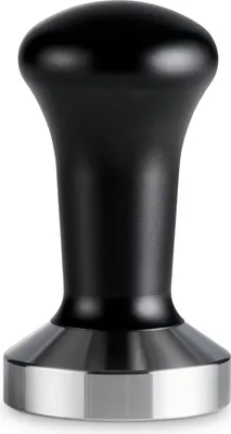 A black and silver coffee tamper on a white background.