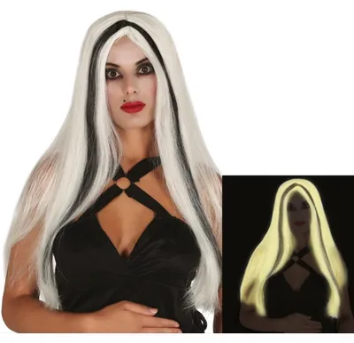 Produktbild von Weiß-schwarze Fluoreszierende Langhaar Perücke für Halloween & Karneval