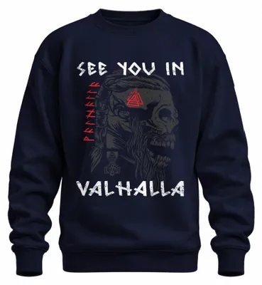 Obrázok produktu pre Uvidíme sa vo Valhale Viking Skull Runes Mjölnir Nordic Uni mikina, námornícka, XL