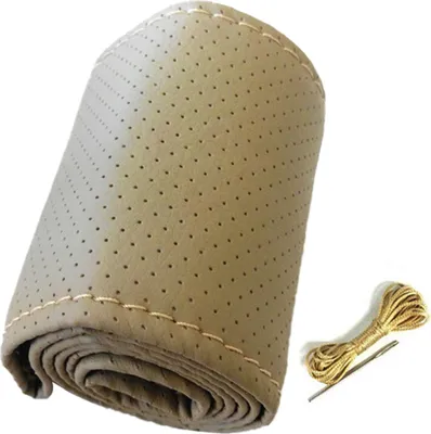 Immagine prodotto di Coprivolante universale per auto con cuciture a mano in pelle microfibra traforata per diametro 38 cm beige