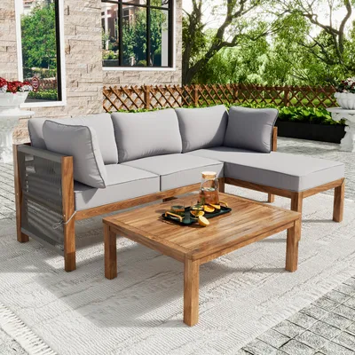 Produktbild von Flieks Lounge Gartenmöbel Sets 3 Teilig, Terassenmöbel Set mit Gartentisch, Kissen, Balkonmöbel Set Kleiner Balkon, Gartenlounge Akazienholz Set, Grau