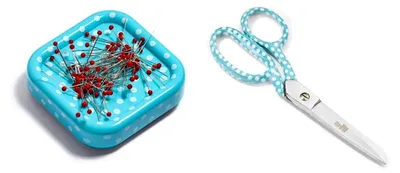 Produktbild von Stoffschere 18 cm mint und magnetisches Nadelkissen mit Glaskopfnadeln, rot