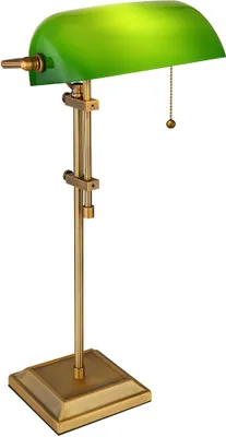 A banker's lamp with a green shade and a brass base and stem, shown against a white background.