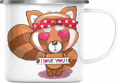 Produktbild von Trendation - Süßer Roter Panda Emaille Tasse Musik Kinder Geschenkidee für Jungs Mädchen Lustige Grafik I Love You (Silber)