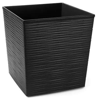 A black, square planter with a textured, ribbed surface.