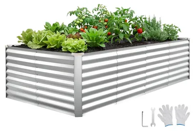 Zdjęcie produktu dla Metalowa podwyższona grządka - Prostokątna grządka - Wymiary 240 x 120 x 62 cm - Bez dna - Do użytku na zewnątrz - Do warzyw i kwiatów - Z rękawiczkami - Srebrna