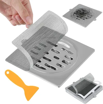 Produktbild von 48 Stück Einweg-Abflusssiebe für die Dusche mit Kunststoffschaber, 15 x 15 cm, Haarfänger für Dusche, Küche und Bad