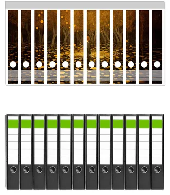 Produktbild von Wallario 12 Stück schmale Ordner inkl. Klebeetiketten mit Motive Goldener Wald -  Set mit Rückenschildern / Ordnerrücken Stickern