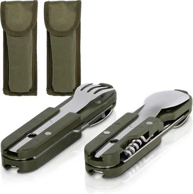 Produktbild von 2-teiliges Outdoor-Besteckset aus Edelstahl; ein Set besteht aus Messer, Gabel und Löffel in Grün und Silber