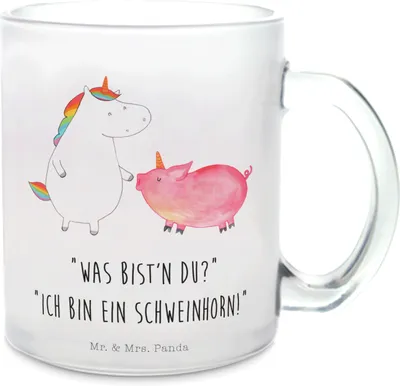 Produktbild von Mr. & Mrs. Panda Trinkglas Einhorn Schwein - Transparent - Geschenk, Unicorn, Pott, Einhörner, Henkelbecher, Schweinchen, Freundin, Teetasse aus Glas, Tee Tasse