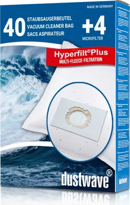 The image shows the packaging of vacuum cleaner bags with a close-up of one bag.