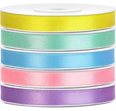 Produktbild von Satin Geschenkband 6mm 5 Farben je 25m lang pastell gelb mit hellblau rosa lavendel Schleifenband Geschenkverpackung Geburtstag Hochzeit Weihnachten 5er Set