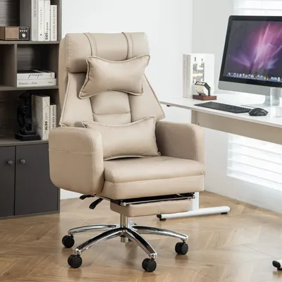 Image de Fauteuil de direction pivotant et ergonomique, fauteuil de bureau haut de gamme en cuir avec dossier haut, soutien lombaire et appui-tête, fauteuil de direction confortable, fauteuil d'ordinateur inclinable à 155°, BEIGE
