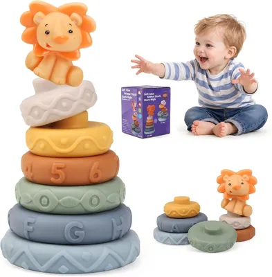 Image de 7 pièces de jouets empilables - Blocs sensoriels - Jouets Montessori - Anneaux de dentition pour bébés - À partir de 6 mois