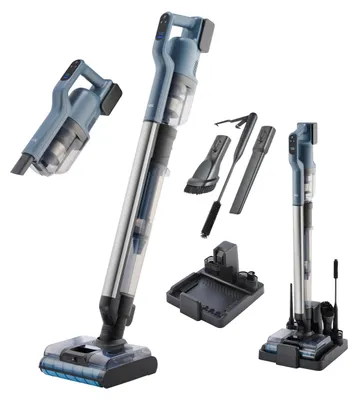 A collection of a cordless vacuum cleaner and its accessories, displayed against a white background.