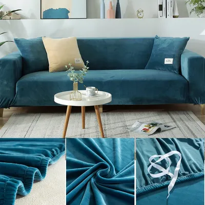 Produktbild von Topchances Stretch Sofabezug Couchbezug 1/2/3/4 Sitzer Dicke Samt Sofa Schonbezüge Elastischer Antirutsch Sofahusse Möbelschutz (Blau, 3 Sitzer, 195-230cm)