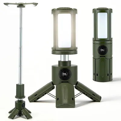 Obrázek produktu pro Kempingová lampa – 2 v 1: lucerna a svítilna – dobíjecí přes USB – s háčkem – nouzové osvětlení – plast – armádní zelená