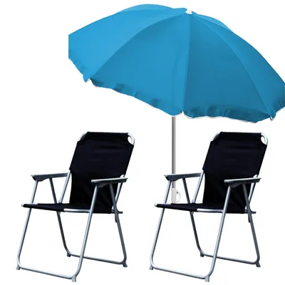 Produktbild von 2x Campingstuhl Klappstuhl Schwarz + Sonnenschirm Ø180cm Blau