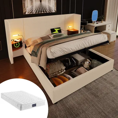 Produktbild von okwish Polsterbett Doppelbett Hydraulisches Stauraumbett 160×200 mit Nachttisch, Leselampe und USB Type-C Ladefunktion, Bettanlage Stauraumbett Bettgestell mit Lattenrost aus Massivholz und Metall, Beige-Weiß, Cordstoff(Mit Matratze)