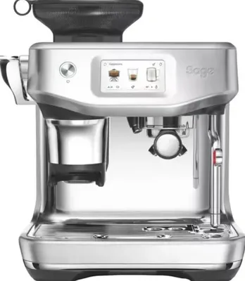 A front view of a silver espresso machine with a black bean hopper on top.