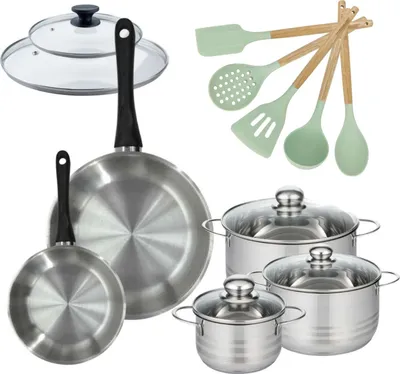 Image de Batterie de cuisine avec 3 faitouts 16/20/24 cm et 2 poêles 20/28 cm avec 7 ustensiles de cuisine Fackelmann Généva Brillant Ocean avec couvercles