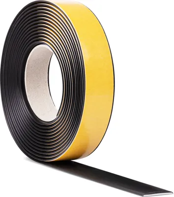 A roll of black self-adhesive weatherstripping tape with yellow backing paper.