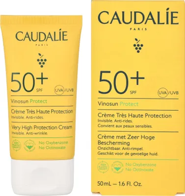 A product shot of Caudalie Vinosun Protect sunscreen tube and its packaging.