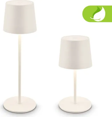Two white LED table lamps are displayed against a white background. A green leaf icon is in the upper right corner.
