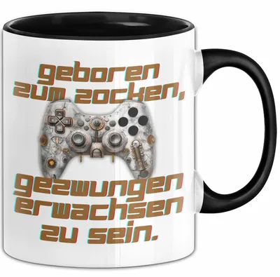 Produktbild von Humor Tasse Gamer – Geboren zum Zocken, gezwungen erwachsen zu sein – Lustiger Kaffee-Becher Geschenk für Gamer und  Zocker Lustig (Schwarz)