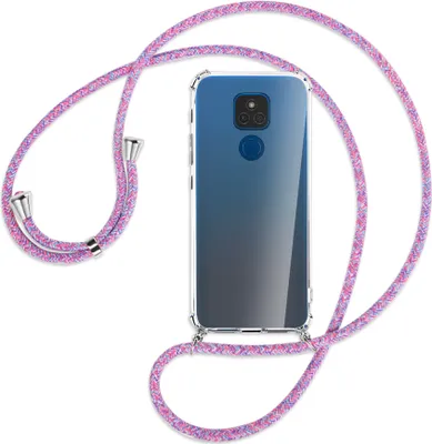 Produktbild von Handykette Backcover-Schutzhülle mit Band (Metall silberfarben) für Motorola Moto E7 Plus - lila/rosa/blau