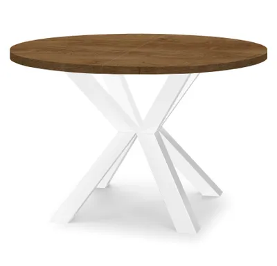 Produktbild von Runder Ausziehbarer Tisch für Esszimmer RAL mit Holzbeinen, Loft-Stil, Industriel, Durchmesser: 100 / 200 cm, Farbe: Eiche Lefkas / Weiß