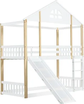 Produktbild von Etagenbett 90x200 cm (Ohne Matratze) Weiss Natur Kinderbett mit Fenstern Massivholz Hausbett mit Zaeunen und Fallschutz 3-stufige Winkelzugleiter