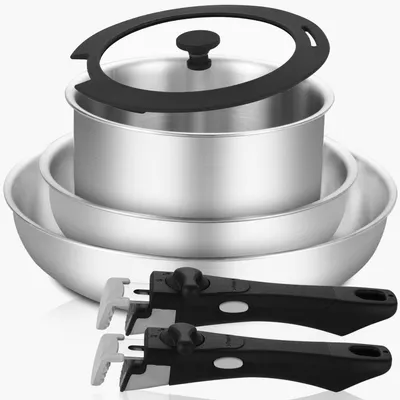 Image de Ensemble de poêles avec manche amovible, en acier inoxydable, compatible induction, de 16 + 22 + 28 cm, empilables, compatibles four, compatibles lave-vaisselle, couleur argent