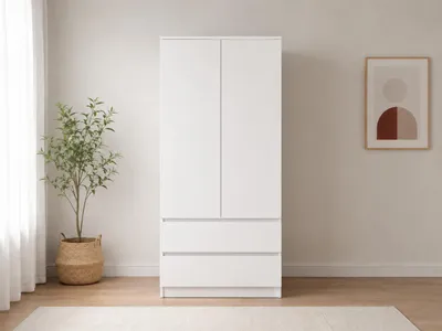 Produktbild von Drehtürenschrank Kleiderschrank Schrank 90 cm Weiß/Weiß, 2-türig mit 2 Schubladen, Kleiderstange, Schlafzimmer SOLO 2D2S