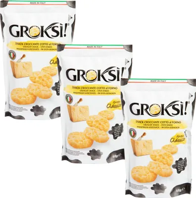 Produktbild von GROKSi! Classico 3x 60g glutenfrei ohne Kohlenhydrate Snack aus Italien Käse Parmesan Cracker Protein Italienischer Hartkäse | insgesamt 180 g