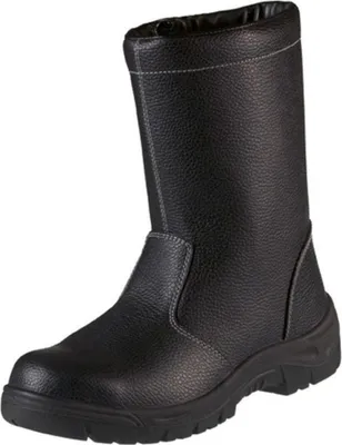 A black work boot on a white background.