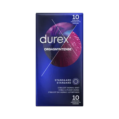 A box of Durex Orgasm Intense condoms against a white background.
