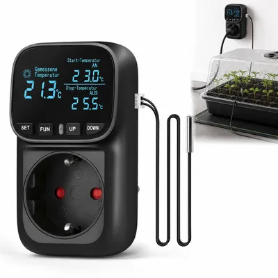 Produktbild von Thermostat Steckdose digital mit Temperatursensor, Temperaturregler für Heizen & Kühlen, 230V 16A, LCD Display für Gewächshaus Aquarium Inkubator