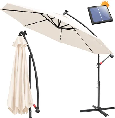 Produktbild von Sonnenschirm mit LED Beleuchtung Ampelschirm 300 cm Garten Schirm mit 24 LED-Lämpchen UV-Schutz Kurbelschirm Ständer Gartenschirm Marktschirm, Beige