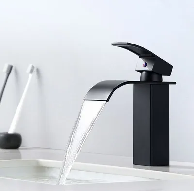 Produktbild von Einhand-Wasserfall-Waschtischarmatur – Schwarze Badezimmerarmatur, Modern für eingelassene Waschbecken