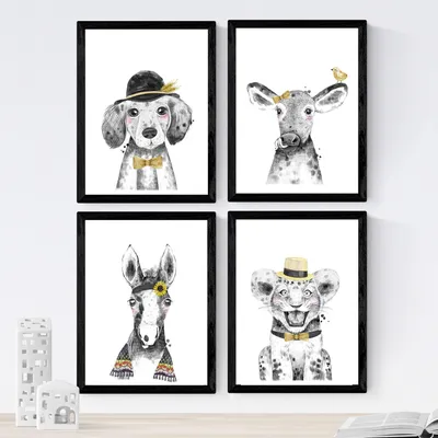 4er-Set Tierposter A4, 250 g Papier, ohne Rahmen