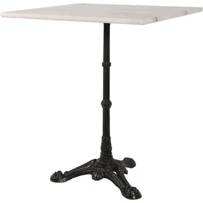 A square marble-top bistro table with a black cast iron base and pedestal.